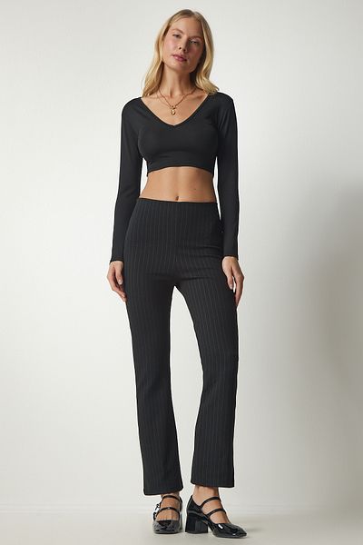 Happiness İstanbul Women's Black Slim Striped Casual Trousers ub00138