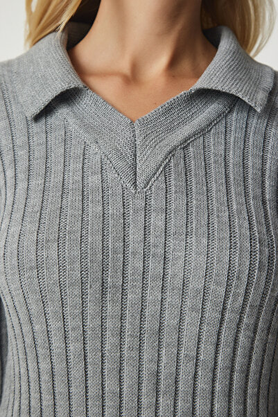 Happiness İstanbul Női szürke póló nyakú kordbársony kötöttáru ruha Kİ00103