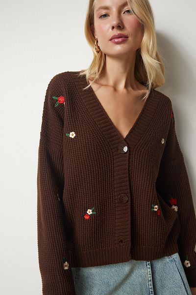 Happiness İstanbul Women's Brown Floral Embroidered Buttoned Knitwear Cardigan KG00005