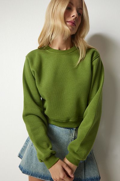 Happiness İstanbul Kurzes Sweatshirt mit Reliefmuster für Damen, Pistaziengrün, UB00178