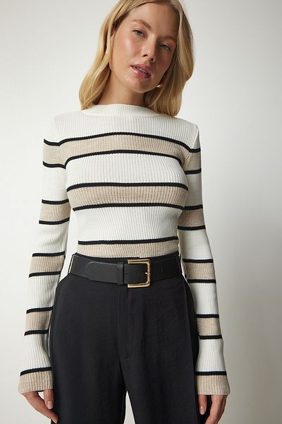Happiness İstanbul Women's Ecru Block Colorful Ribbed Knit Sweater KI00101