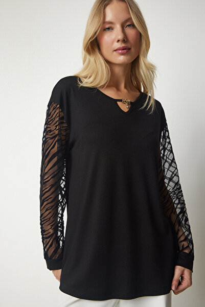 Happiness İstanbul Dámská detailní stylová pletená halenka s průhledným rukávem TO00091