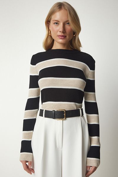 Happiness İstanbul Pulover colorat din tricot cu nervuri pentru femei, Black Block KI00101