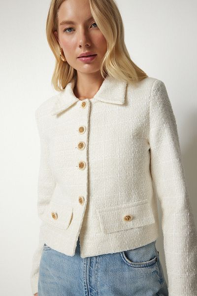 Happiness İstanbul Cremefarbene, stilvolle kurze Tweed-Jacke mit Knopfleiste für Damen WF00055