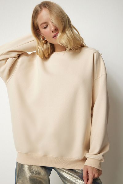Happiness İstanbul Cremefarbenes, geripptes Oversize-Sweatshirt für Damen MC00232