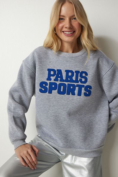Happiness İstanbul Women's Gray Embroidered Raised Oversize Sweatshirt DP00190