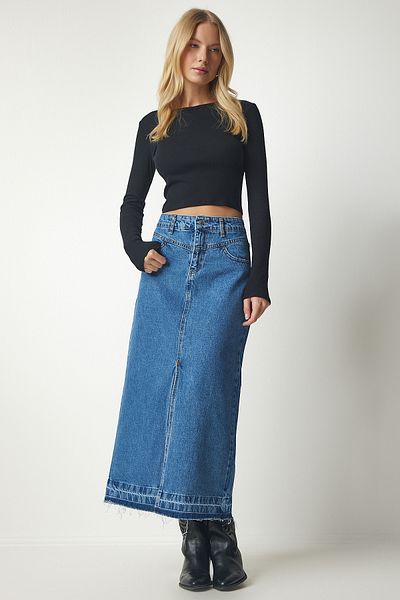 Happiness İstanbul Fustă de denim albastră cu ciucuri pentru femei OK00060