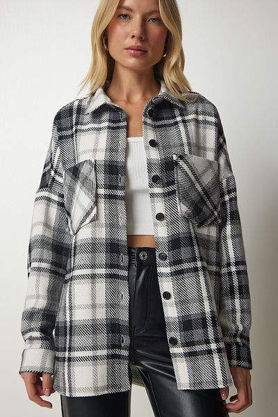Happiness İstanbul Dámská oversize kašmírová dřevorubecká košile černobílého vzoru TU00034