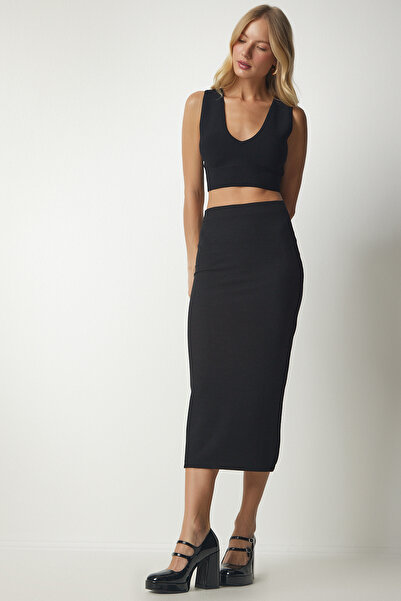 Happiness İstanbul Dámská černá tužková sukně s rozparkem MC00230