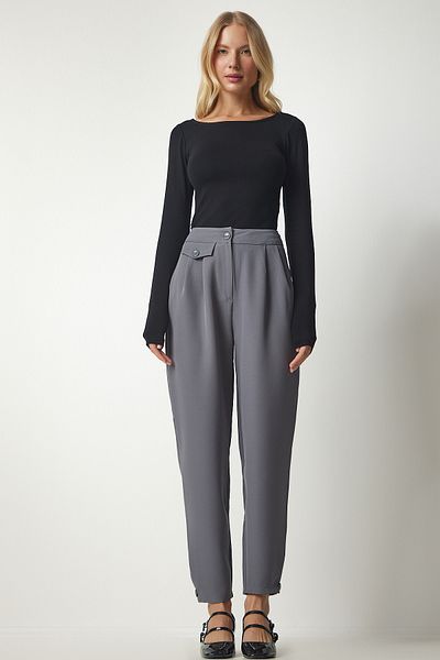Happiness İstanbul Women's Gray Buttoned Stylish Woven Trousers GK00012