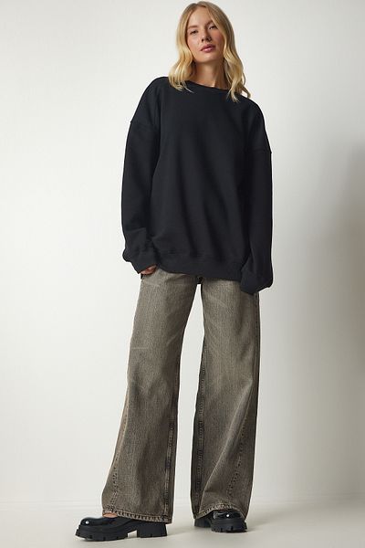 Happiness İstanbul Schwarzes Oversize-Sweatshirt mit Reliefmuster für Damen MC00232