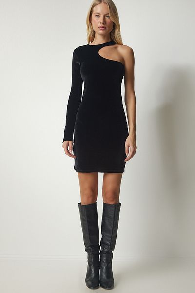 Happiness İstanbul Schwarzes One-Shoulder-Mini-Samtkleid für Damen UB00189