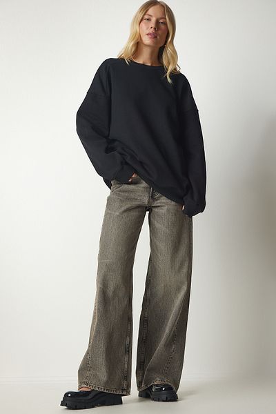 Happiness İstanbul Schwarzes Oversize-Sweatshirt mit Reliefmuster für Damen MC00232