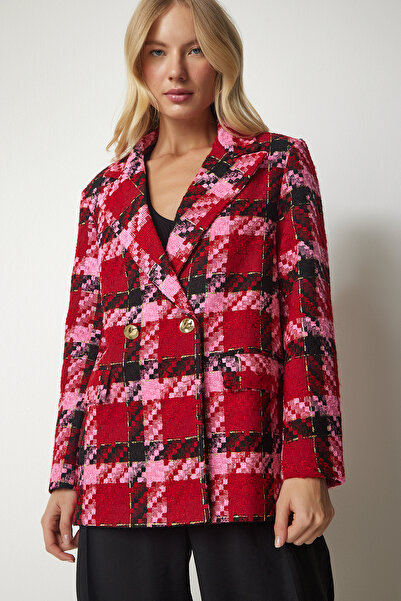 Happiness İstanbul Women's Red Pink Double Breasted Collar Patterned Stylish Woven Jacket WF00056