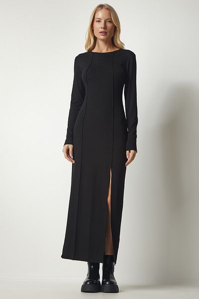 Happiness İstanbul Women's Black Slit Stitched Long Viscose Dress UB00181