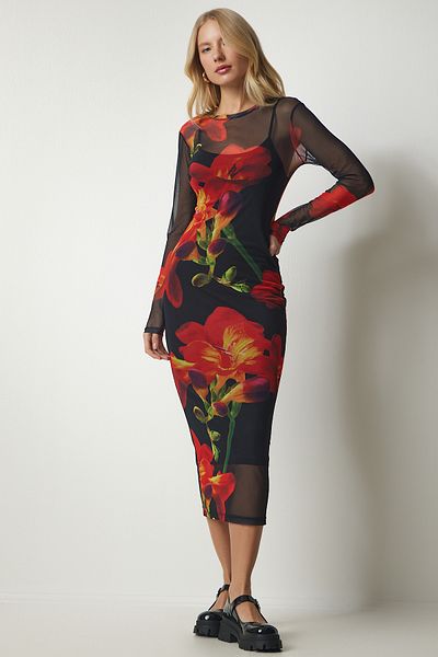 Happiness İstanbul Women's Black Orange Floral Patterned Chiffon Dress FF00139