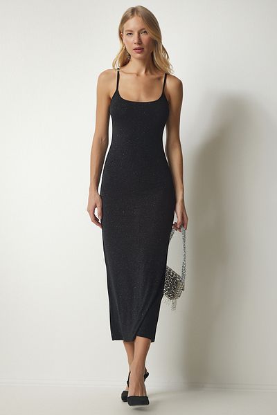 Happiness İstanbul Women's Black Strap Glitter Saran Elegant Dress UB00172