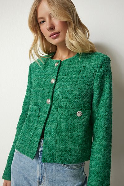 Happiness İstanbul Grüne Tweedjacke mit Knöpfen für Damen WF00048