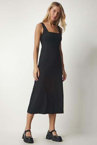 Happiness İstanbul Women's Black Strap Square Collar Corduroy Knitted Dress MC00214
