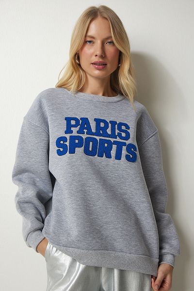 Happiness İstanbul Women's Gray Embroidered Raised Oversize Sweatshirt DP00190
