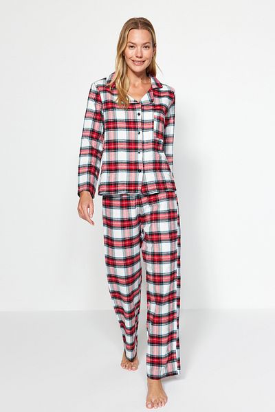 Trendyol Collection Red Flannel Plaid Viscose Shirt-Pants Woven Pajamas Set THMAW24PT00097