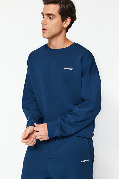Trendyol Collection Indigo oversized /Wide Cut Lettering με τύπωμα Ζεστό φούτερ Φούτερ Φόρμα TMNAW24EM00004