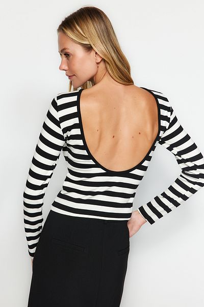 Trendyol Collection Black Striped Soft Fabric Striped Backless Fitted Knitted Blouse TWOAW24BZ00121