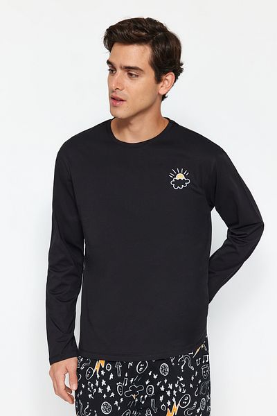 Trendyol Collection Μαύρο πλεκτό σετ πιτζάμες με λεπτομέρεια κεντήματος - 100% βαμβάκι TMNAW24PT00025