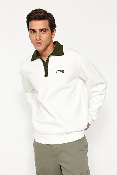 Trendyol Collection Mikina Polo Collar Embroideed Ecru Embroideed Ecru - Regular Cut, Fleece Vnitřní povrch, TMNAW24sw00241