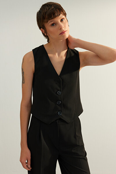 Trendyol Collection Černá prémiová tkaná vesta na knoflíky Twoaw24Ye00061