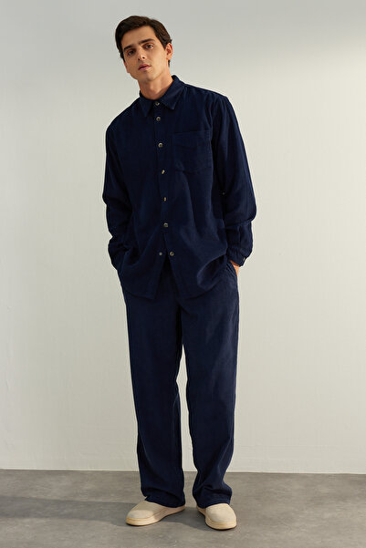 Trendyol Collection Limited Edition Navy 100% Cotton Velvet Wide Leg Pants Tmnaw24Pl00009