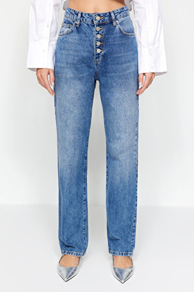 Trendyol Collection Blue Front Buttoned High Waist Long Straight Jeans TWOAW24JE00198