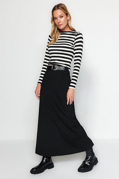 Trendyol Collection Black Striped Soft Fabric Striped Backless Fitted Knitted Blouse TWOAW24BZ00121