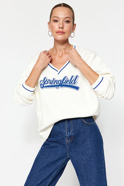 Trendyol Collection Weißes, dickes Fleece-Innenstrickband, V-Ausschnitt, Oversize-Sweatshirt aus Strick TWOAW24SW00135