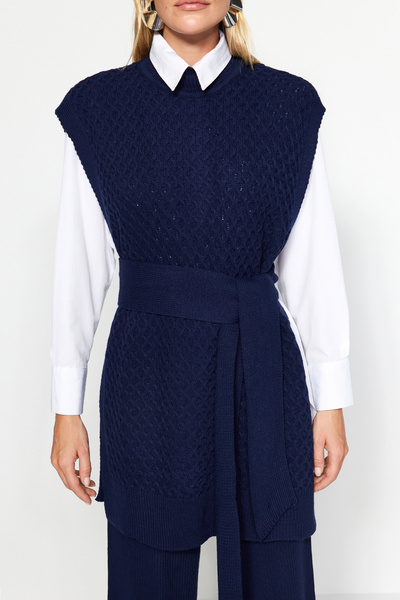 Trendyol Modest Sötétkék öves sárgaréz kötött pulóver-nadrág kötöttáru alsó-felső szett