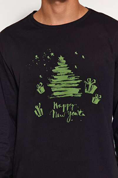 Trendyol Collection Ανδρικές μαύρες πλεκτές πιτζάμες - κανονική εφαρμογή 100% βαμβάκι TMNAW24PT00021