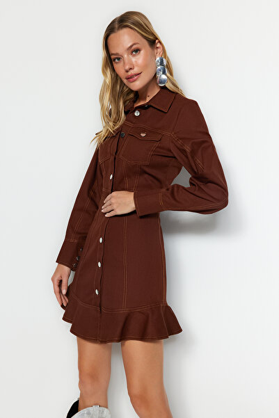 Trendyol Collection Brown Button Detailed Mini Woven Shirt Dress TWOAW23EL01424