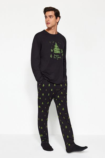 Trendyol Collection Pánský černý pletený pyžamový set – Regular Fit 100% bavlna Tmnaw24Pt00021