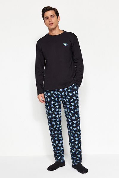 Trendyol Collection Μαύρες ανδρικές πιτζάμες κανονικής εφαρμογής - 100% βαμβάκι TMNAW24PT00011