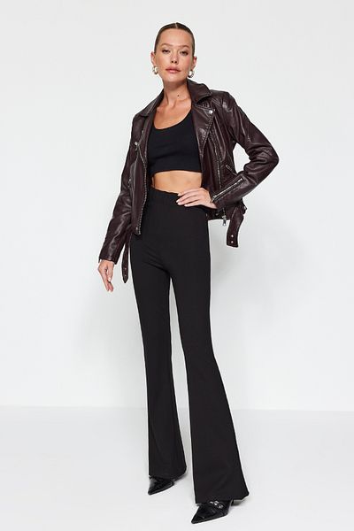 Trendyol Collection Black Slimming High Waist Flare / Flare Leg Knitted Trousers TWOAW24PL00164