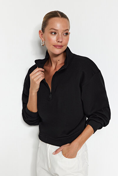 Trendyol Collection Černá uvolněná střih Crop Basic Stojáček na zip Silný fleece uvnitř Pletená mikina TWOAW24SW00221