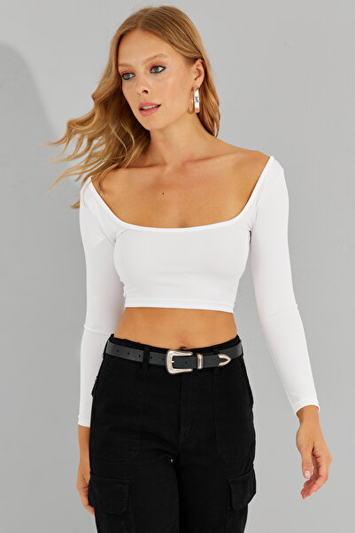 Cool & Sexy بلوزة قصيرة برقبة مربعة بيضاء للنساء CG308