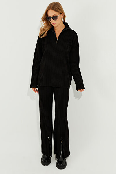 Cool & Sexy Női fekete cipzáras alsó felső kötöttáru nadrág szett KZ2486