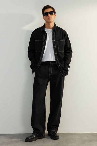 Trendyol Collection Blugi negri, 100% bumbac, cu croiala largă, cu cusături contrastante, pantaloni largi din denim TMNAW24JE00014