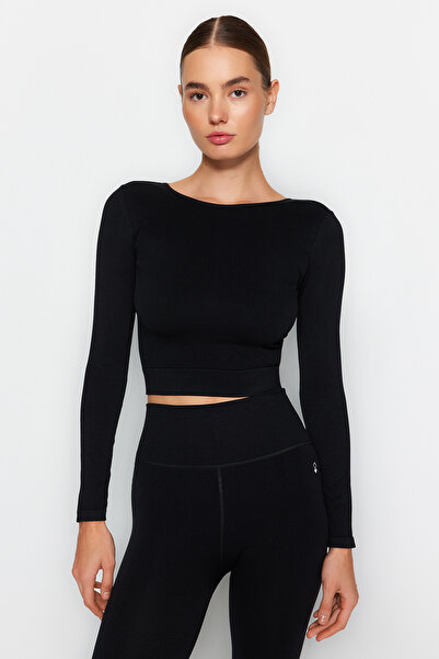 Trendyol Collection Black Seamless/Seamless Back and Reflector Print Detailed Crop Knitted Sports Top/Blouse THMAW24BZ00023