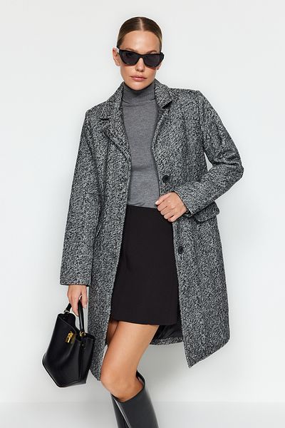 Trendyol Collection Palton negru supradimensionat, cu tăietură largă, cu model cu ștampilă lungă TWOAW24KB00152