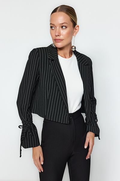 Trendyol Collection Черно раирано сако с тъкани раирани TWOAW24BC00055