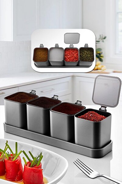 KURT HOME Dört Bölmeli Mini Baharat Seti Baharatlık Antrasit