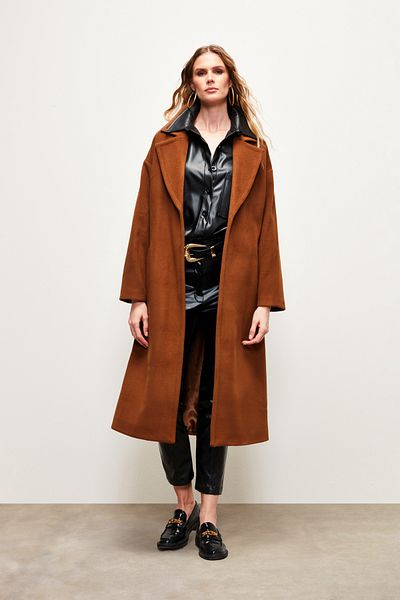 Sateen Belted Casual Coat - Brown Color