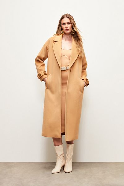 Sateen Casual Coat with Sleeve Belt Detail - Camel